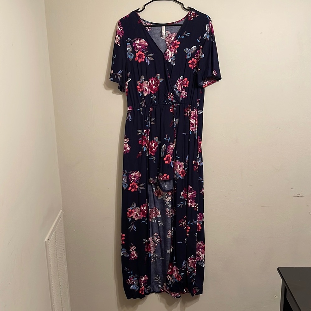 Floral Navy Maxi Jumpsuit - V-Neck Short Sleeve